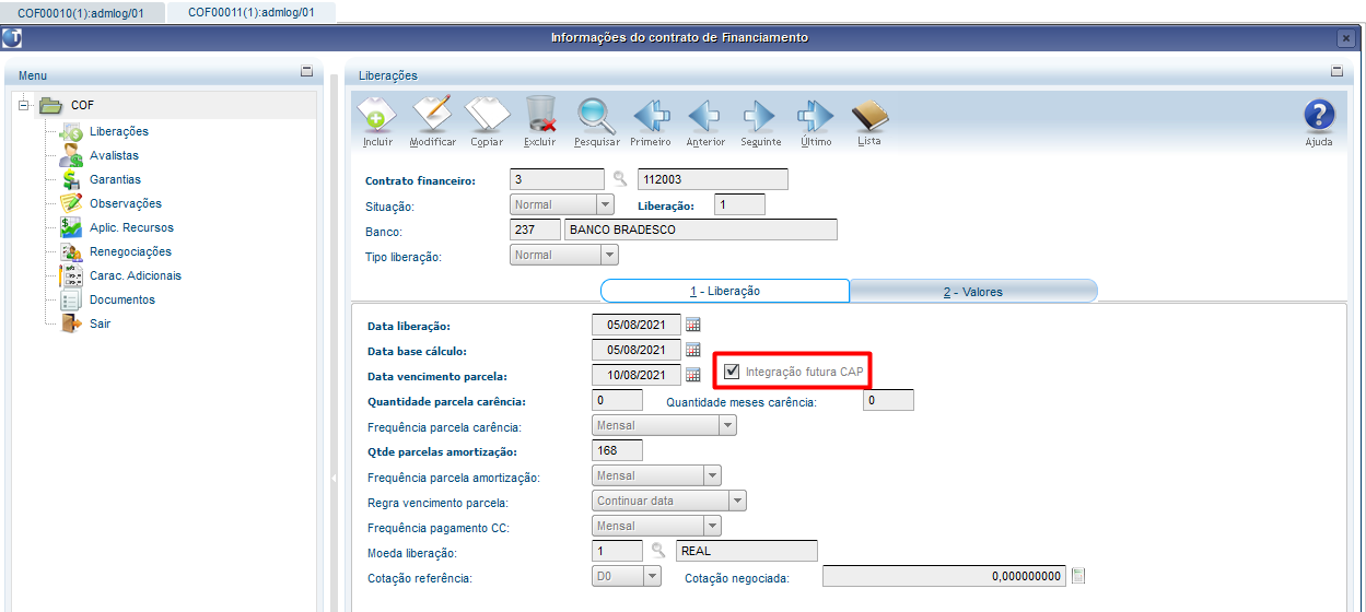 Cross Segmentos Linha Logix COF Parâmetros para integração das