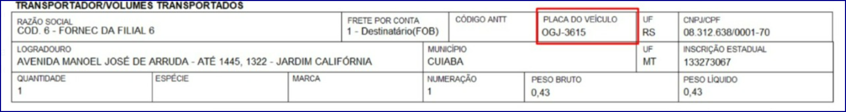 WINT Como gravar informação da PLACA no DANFE na rotina 1452