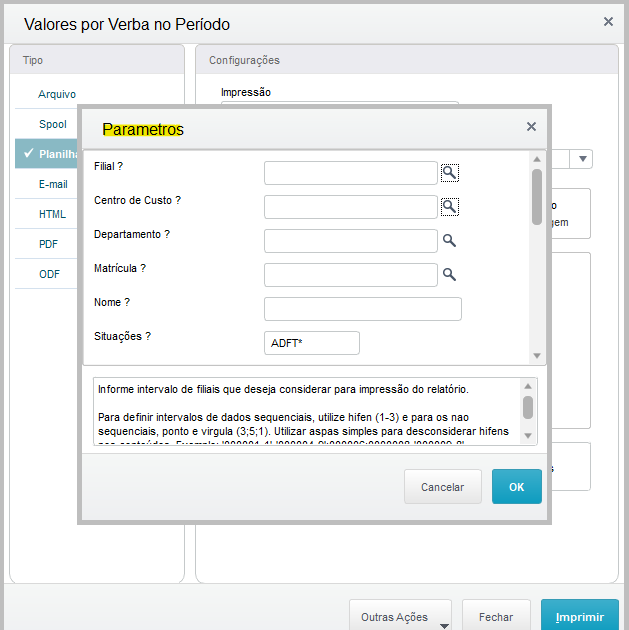 RH Linha Protheus GPE Relatório Valores por Verba no Período horizontal GPER em