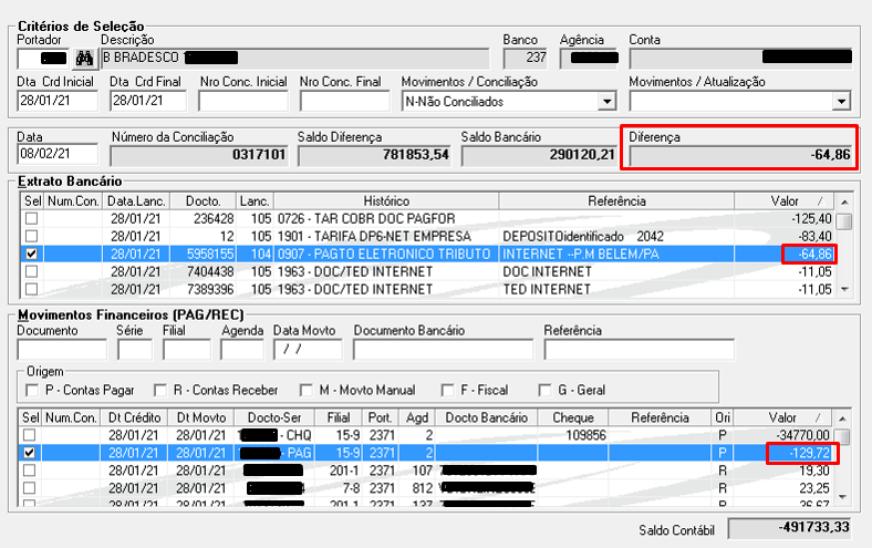 RMS - CXB - CONCILIAÇÃO BANCÁRIA - VALORES DO EXTRATO BANCÁRIO NÃO ...