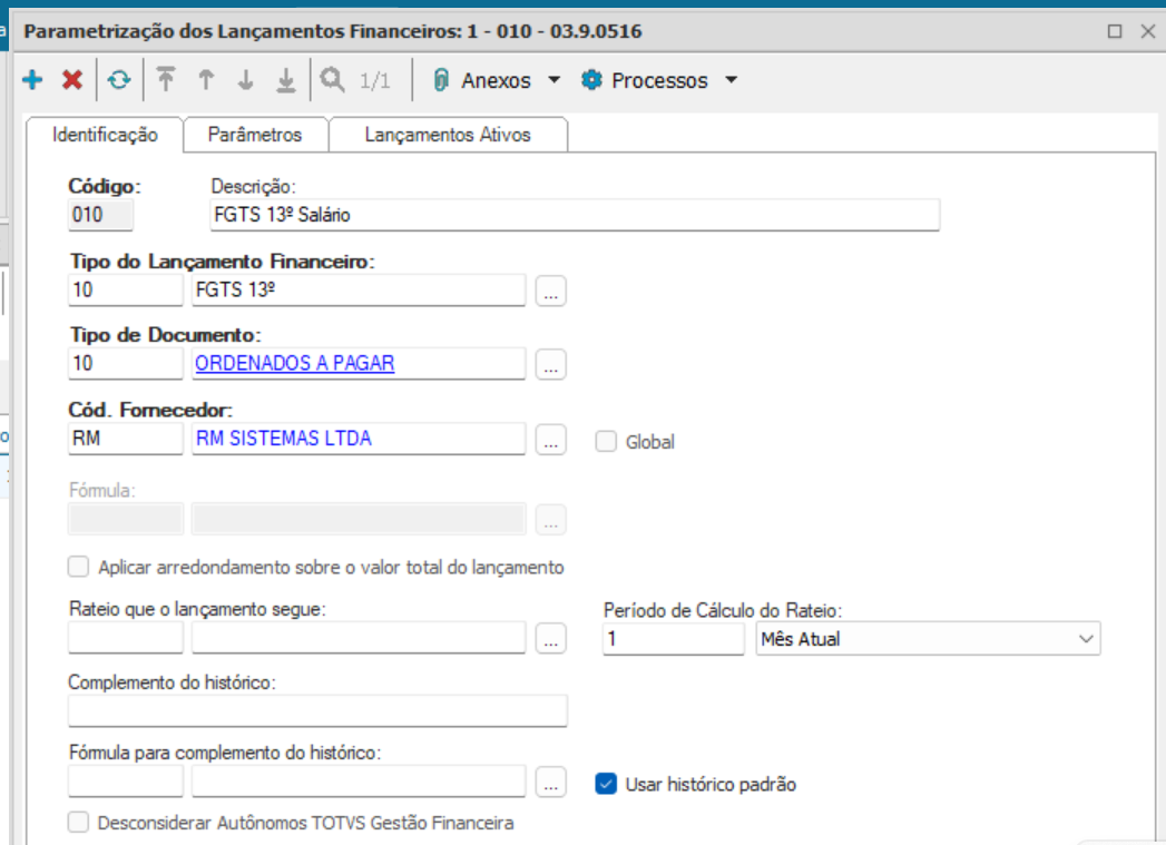 RH RM FOP Lançamento financeiro TIPO 10 FGTS 13º SALÁRIO