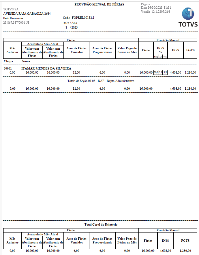 RH - RM - FOP - Geração do relatório de provisão FOPREL00182. 1 ...