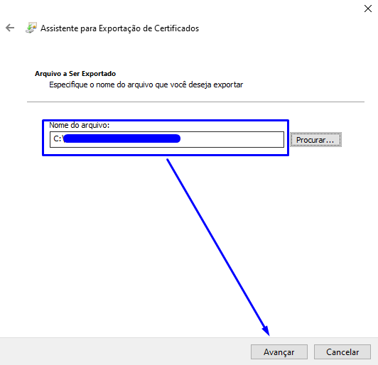 Assistente para Ex portação de Certificados 
Especifique o nome do arquivo que você deseja exportar 
Nome o arquivo: 
Procurar. 