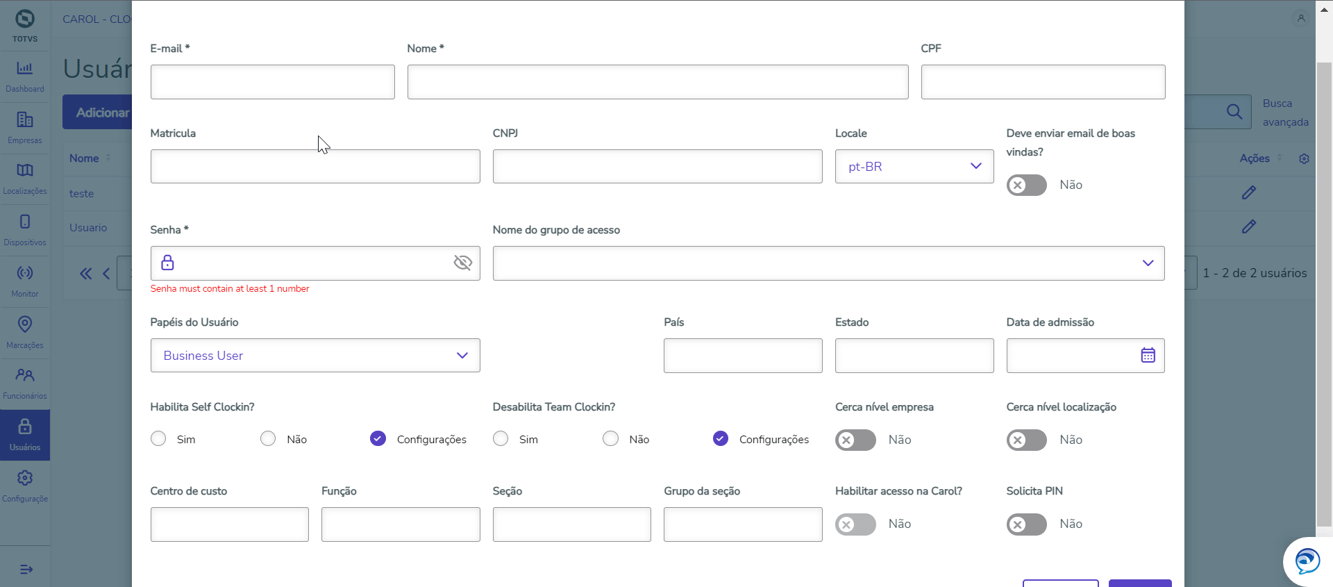 TOTVS CAROL Usuários Para que serve e como configurar o campo
