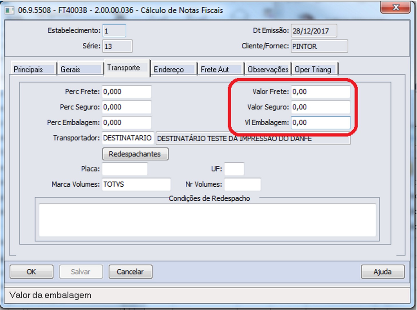 Cross segmentos linha datasul mft informar valor de frete na nota