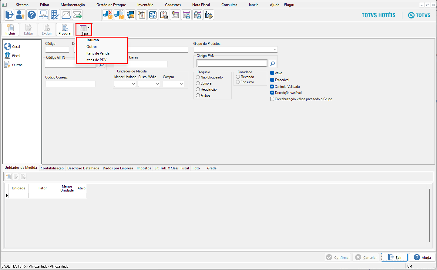 Hotelaria Totvs Backoffice Linha Cmnet Almox Como Informar O Tipo De Insumo No Cadastro