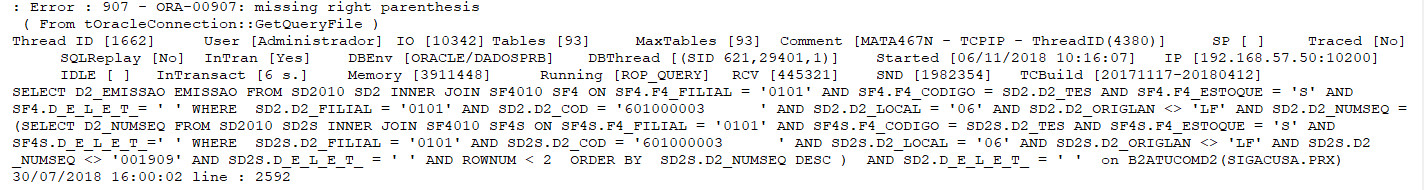 Missing right parenthesis oracle ошибка