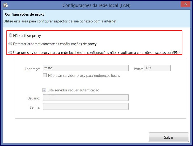 Configurar a conexão do Servidor Proxy