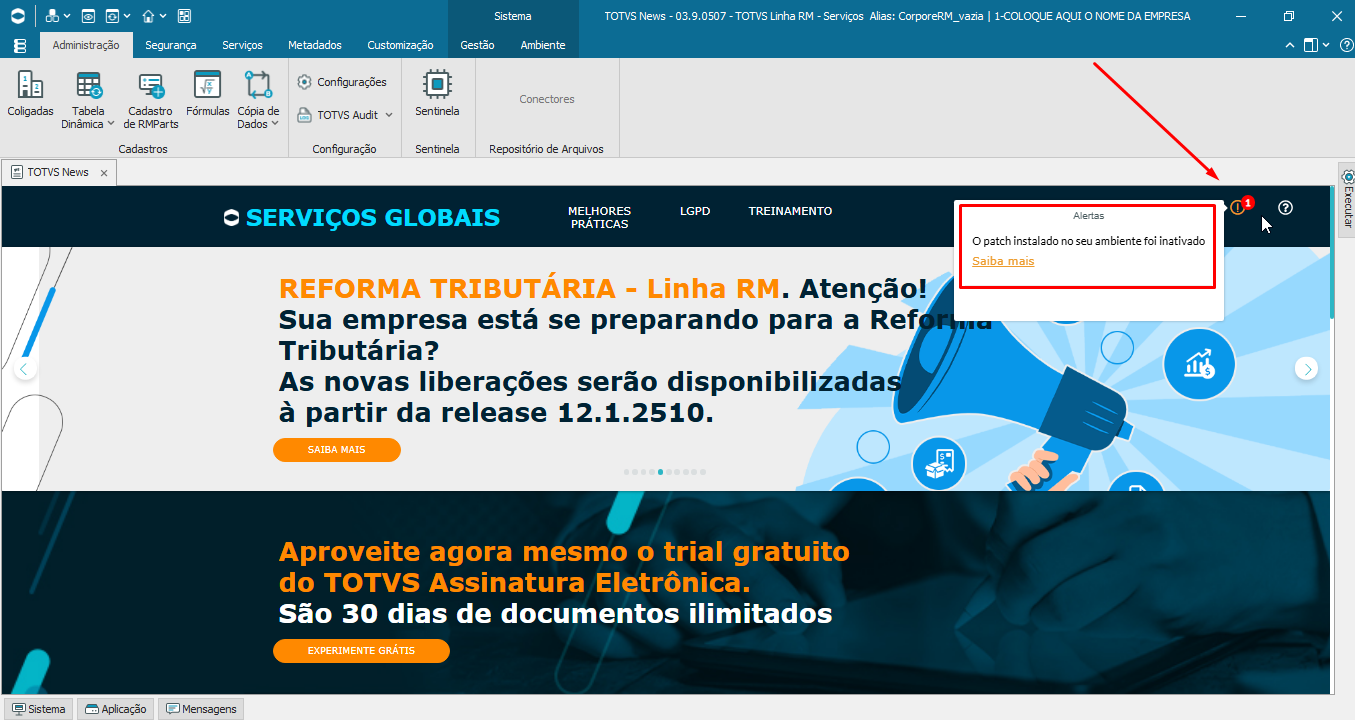 Print TOTVS News Alerta Patch instalado inativado.png