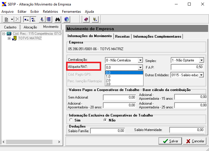 RH Linha Protheus GPE Por que a alíquota RAT é apresentada zerada para a Sefip Central