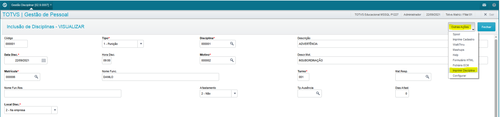 Rh Linha Protheus Gpe Controle Disciplinar Como Imprimir 2729