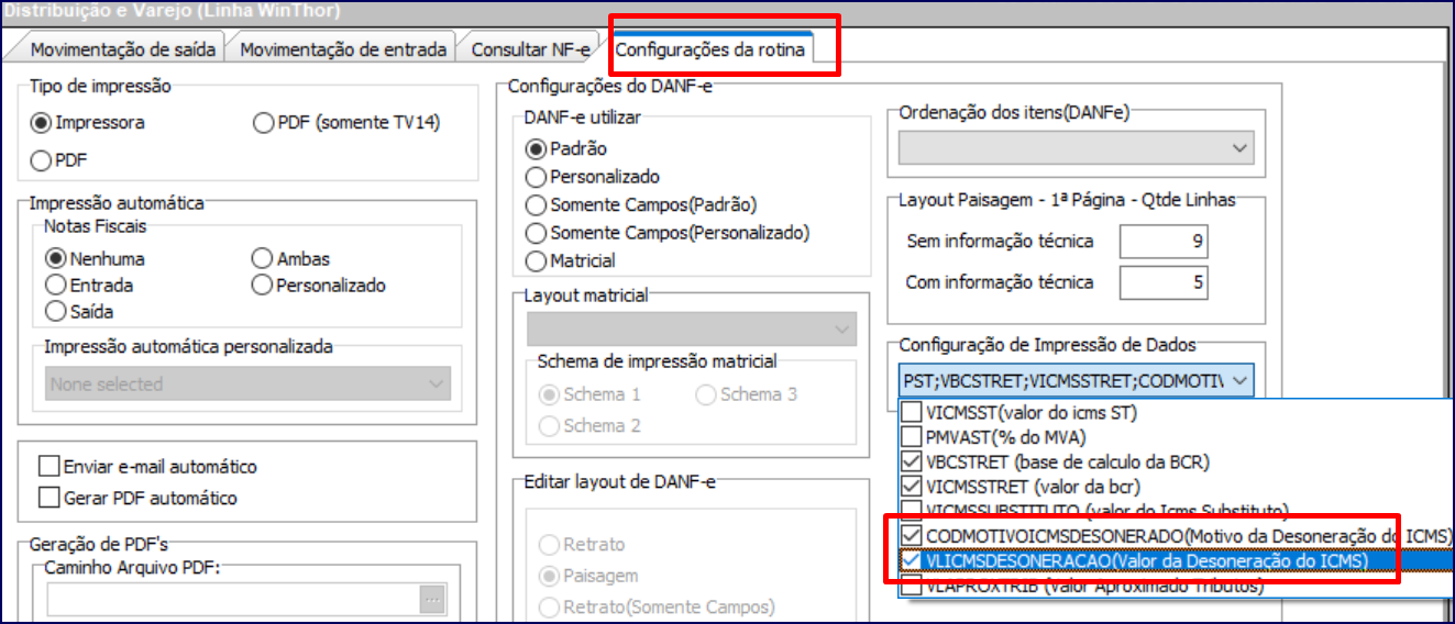 WINT Como destacar na Danfe informação do ICMS desonerado para alguns
