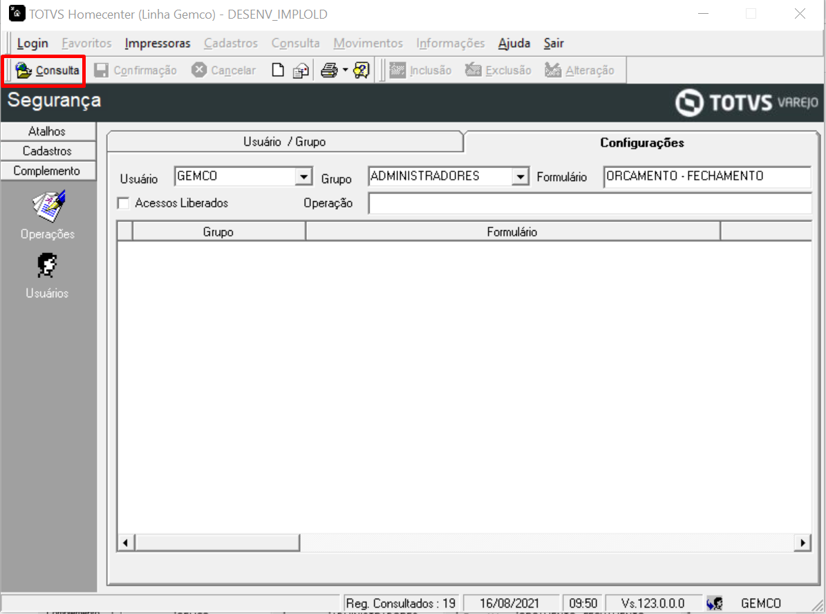 GA TOTVS Varejo Homecenter Linha Gemco SEGURANÇA Habilitar no