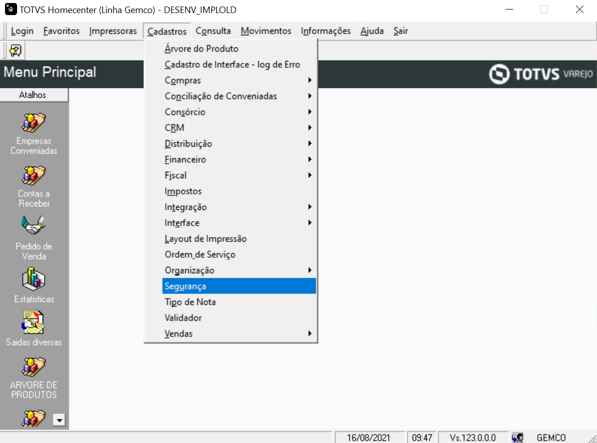 GA TOTVS Varejo Homecenter Linha Gemco SEGURANÇA Habilitar no