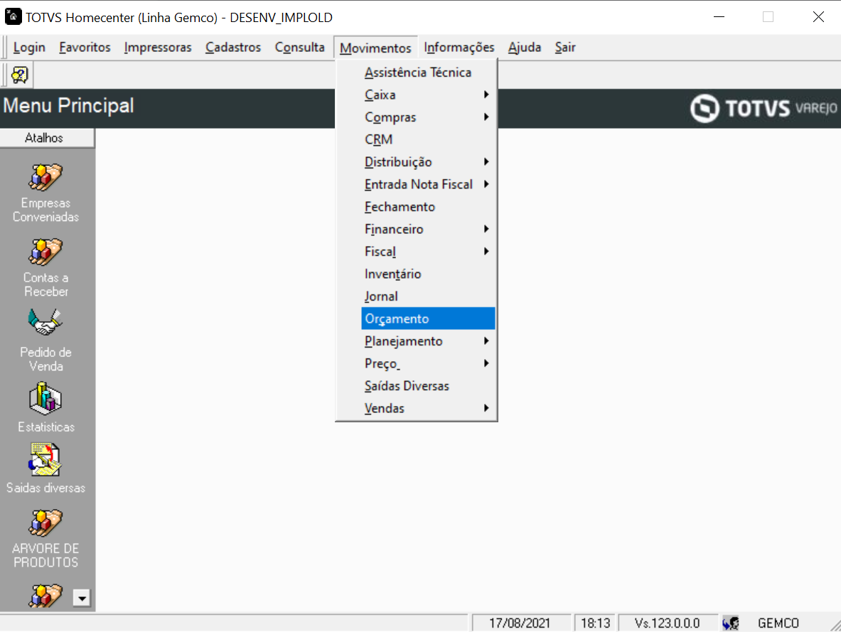 GA TOTVS Varejo Home Center Linha Gemco SAÍDAS Gerar orçamento