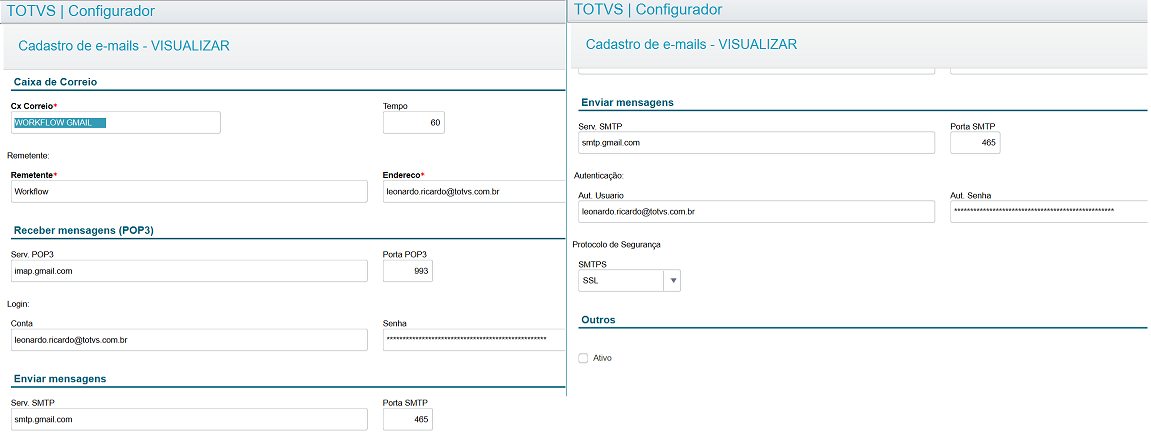 Configurações de workflow