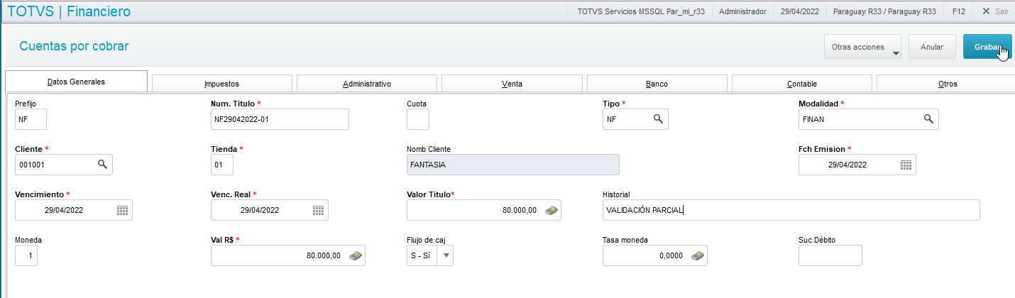 Cross Segmentos - TOTVS BackOffice (Línea Protheus) MI - Financiero  (SIGAFIN) - FINA087a - Cobros Diversos - Baja parcial de títulos por cobrar  – Central de Atención TOTVS