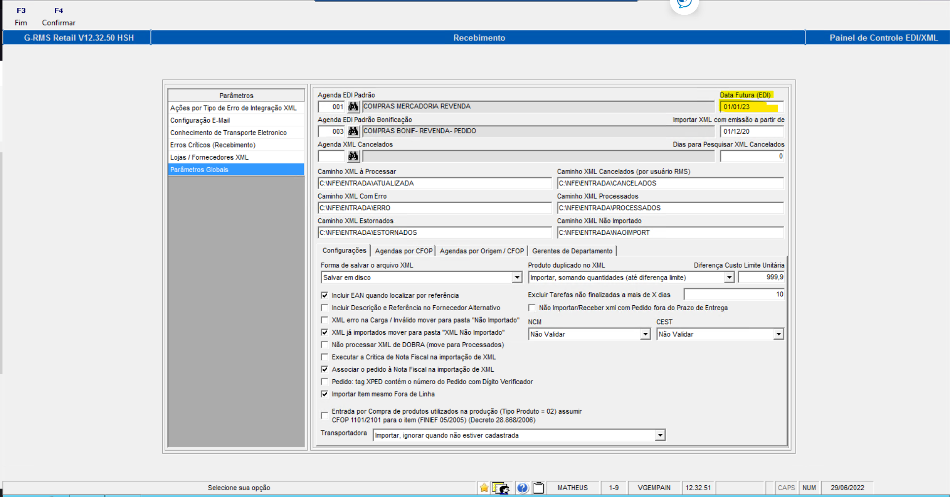 RMS REC Como importar XML de CTE para a data futura no recebimento