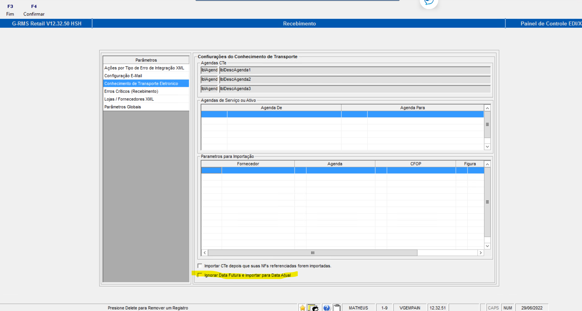 RMS REC Como importar XML de CTE para a data futura no recebimento